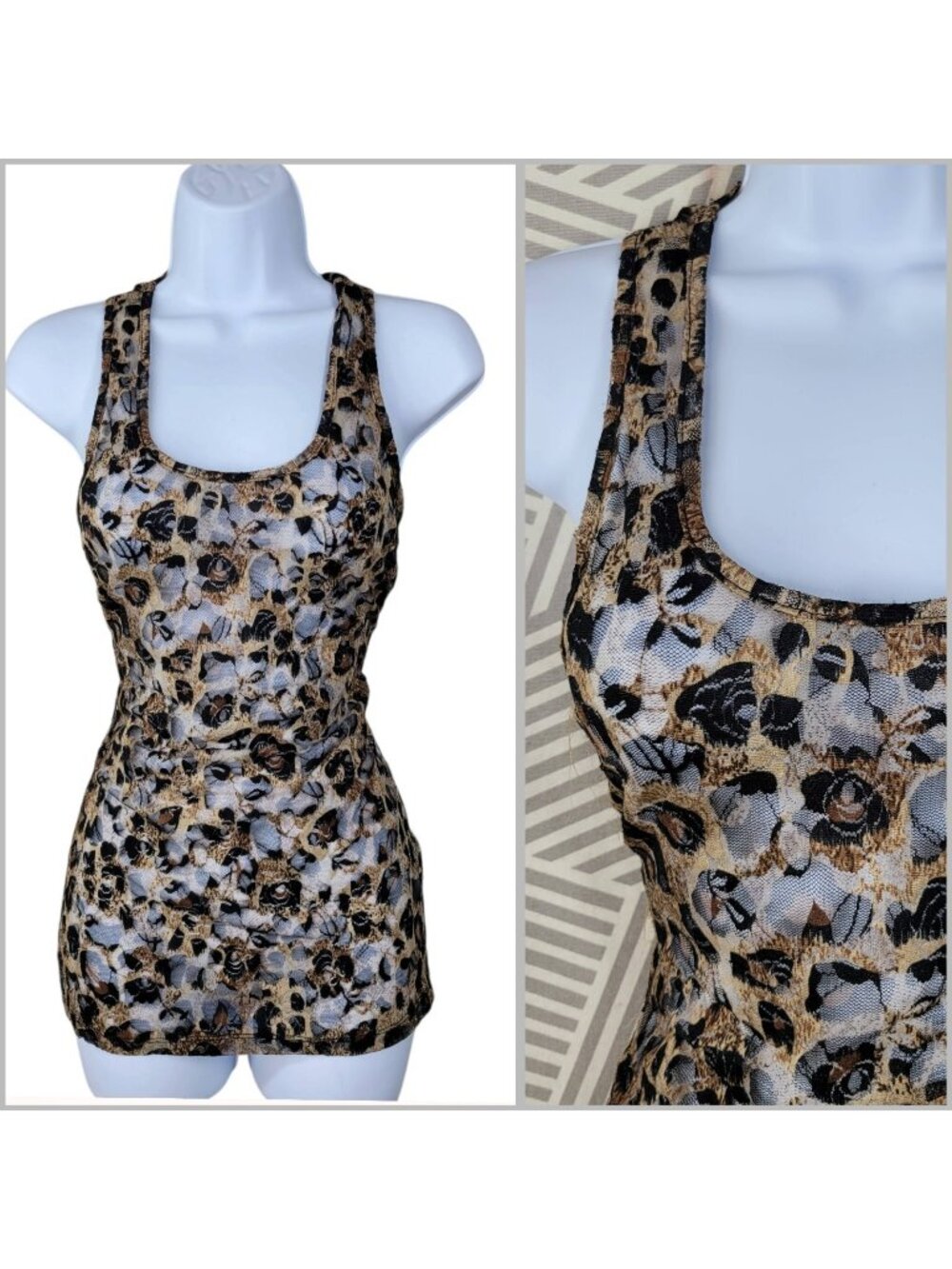 Vintage Stretch Leopard Camisole Camo Tank Lace Mediun Sheer Y2K Long Tunic